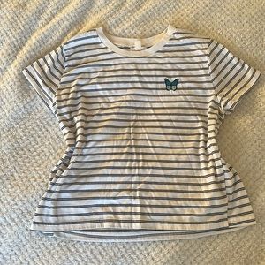 Striped black and white T-Shirt with blue butterfly